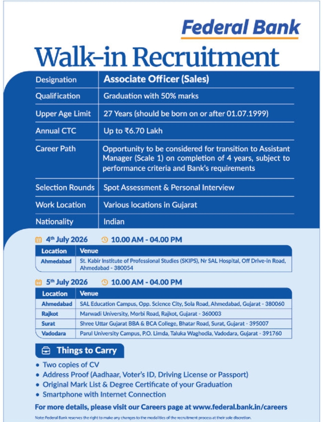 🏦 Federal Bank – Walk-in RecruitmentPosition: Associate Officer (Sales)