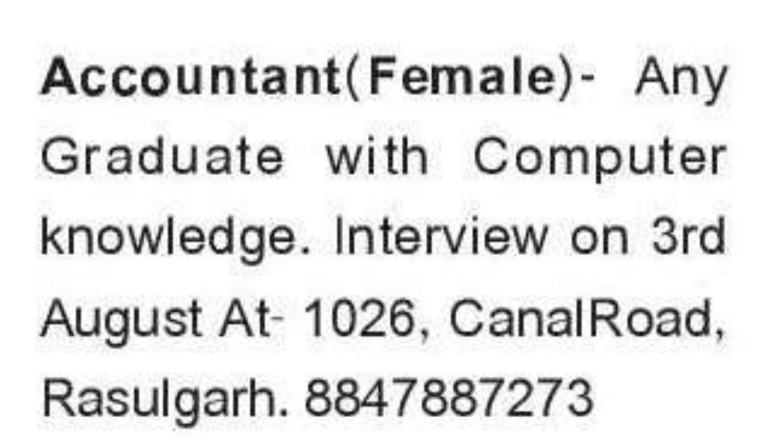👩‍💼 Female Accountant Required – Rasulgarh, Bhubaneswar, Odisha