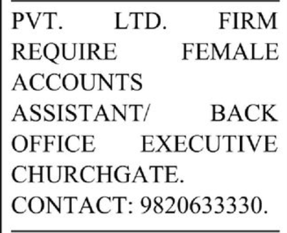 👩‍💼 Female Accounts Assistant / Back Office Executive Required