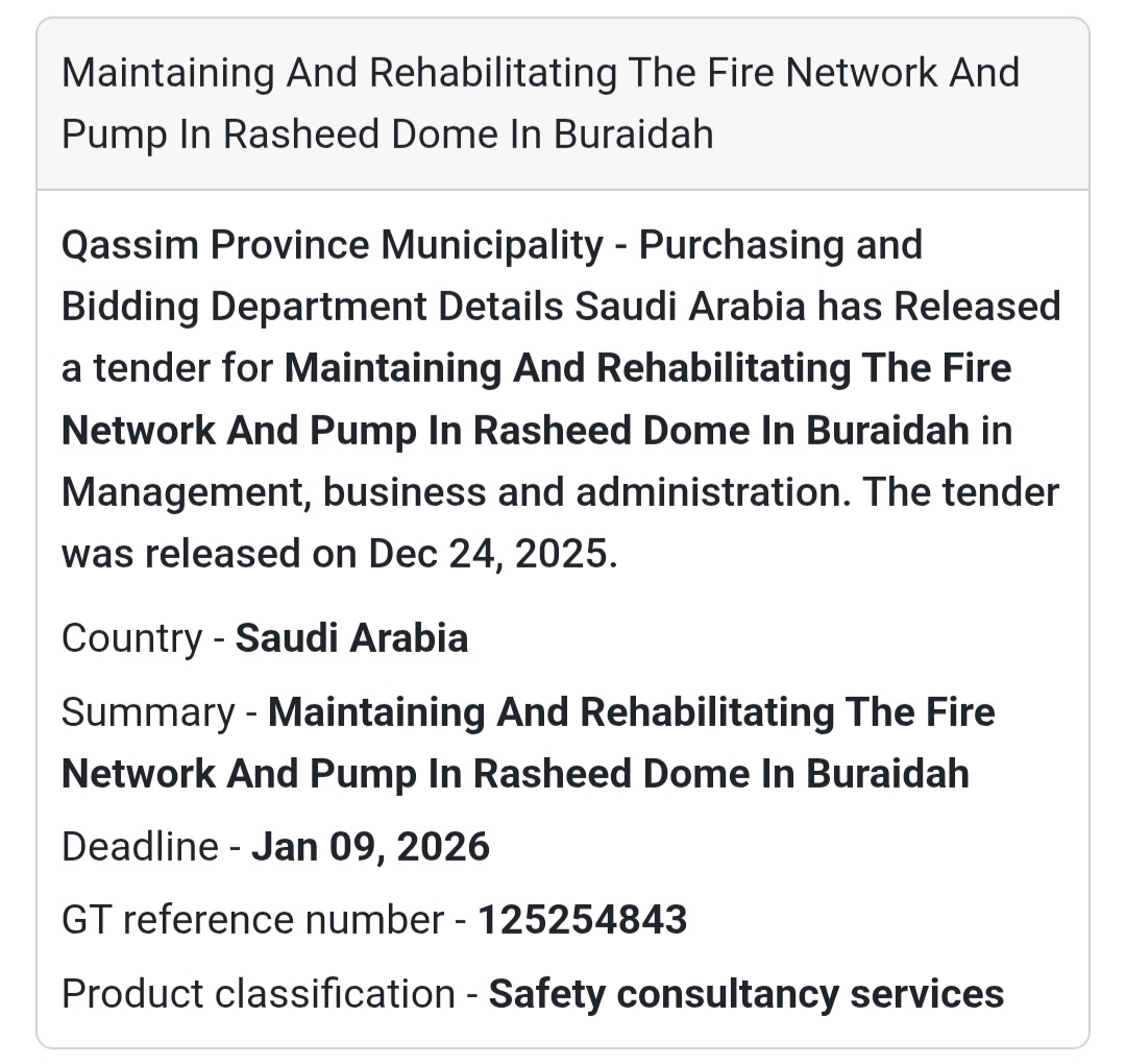 🚒 Fire Network & Pump Rehabilitation – Buraidah 🇸🇦