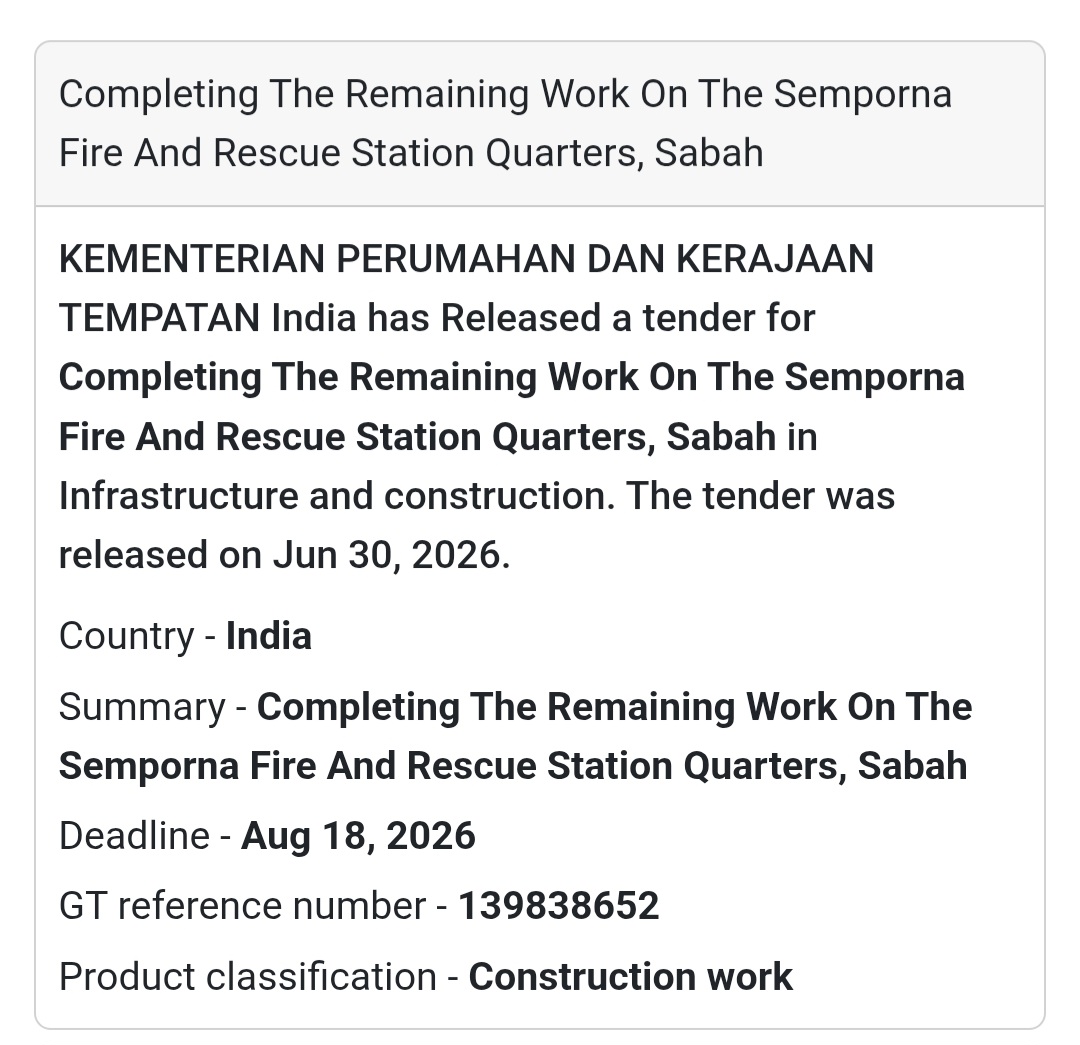 🚒 Fire & Rescue Station Quarters Completion Tender – Semporna, Sabah, Malaysia
