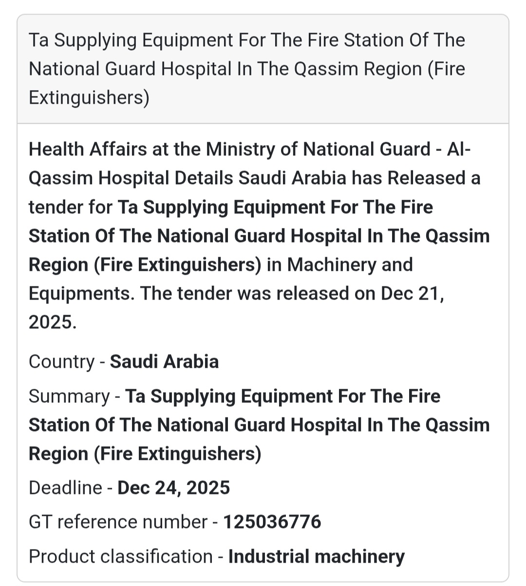 🔥 Fire Safety Equipment Tender – Saudi Arabia