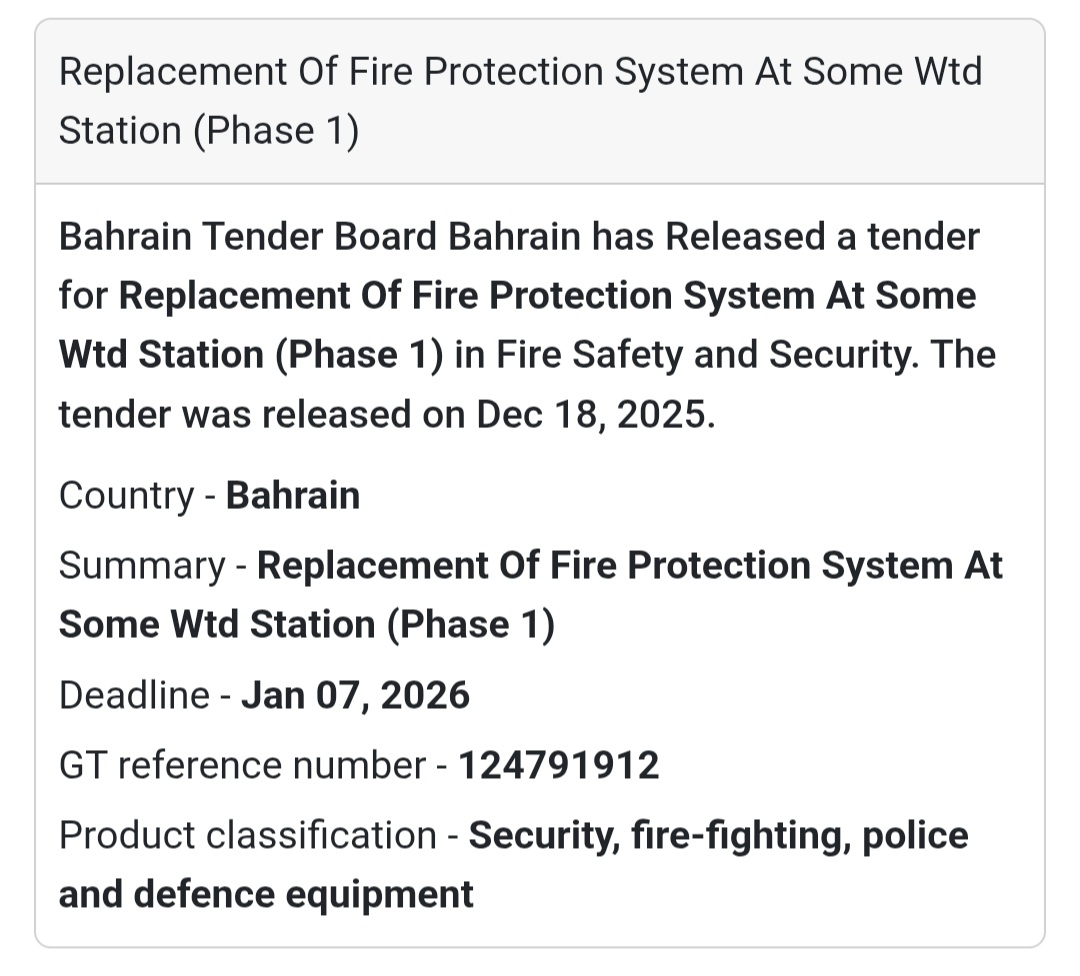 📢 Fire Safety Infrastructure Tender – Bahrain 🇧🇭