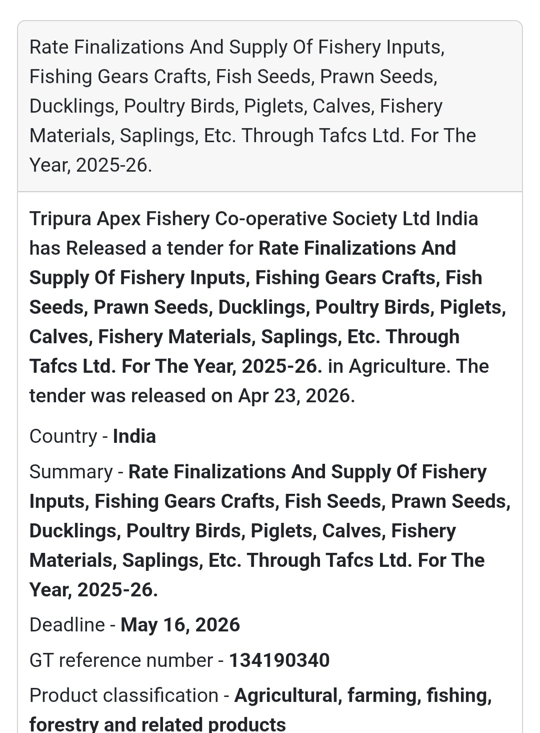 🐟 Fishery Inputs Supply Tender