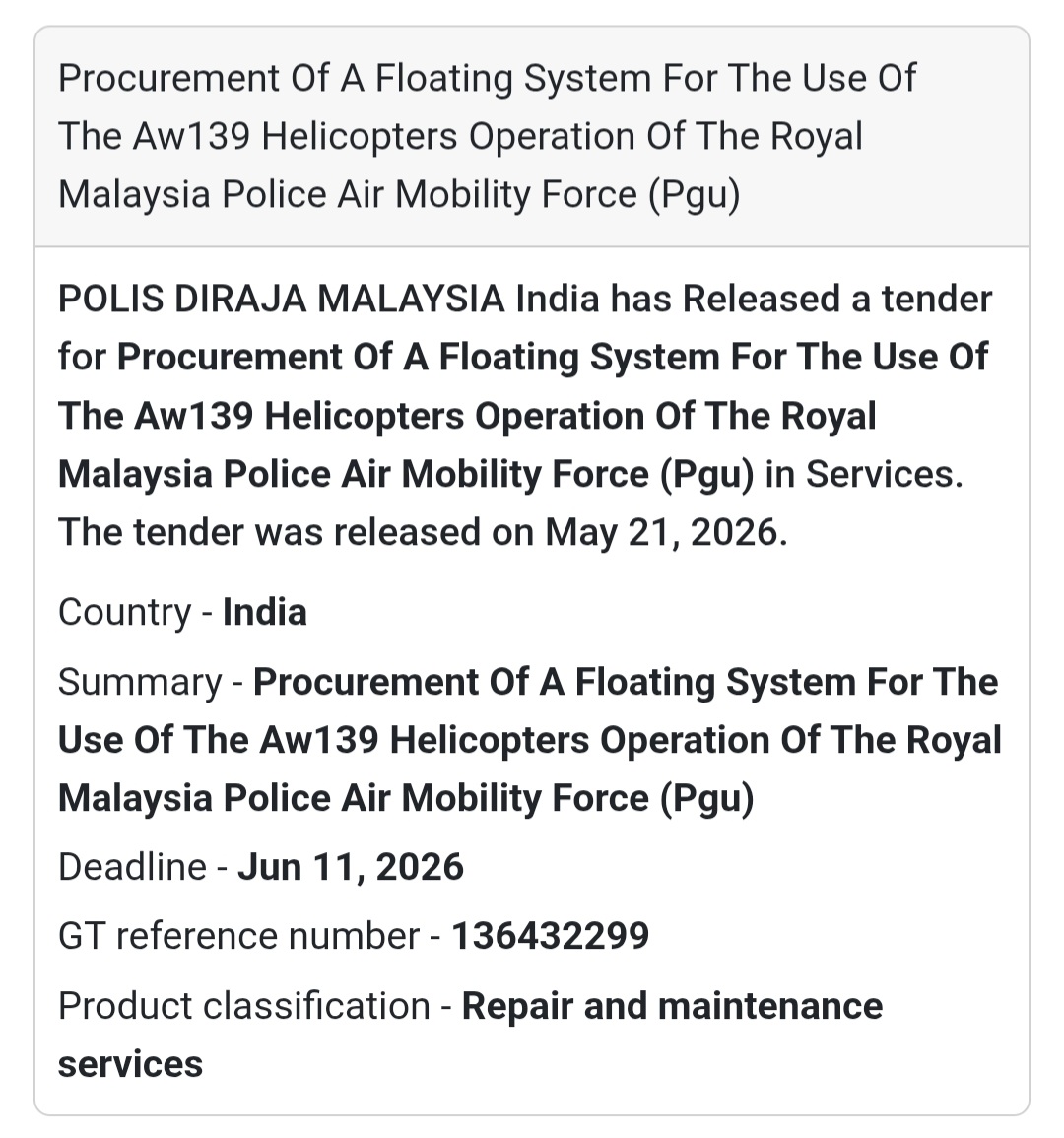 🚁 Floating System Procurement for AW139 Helicopters