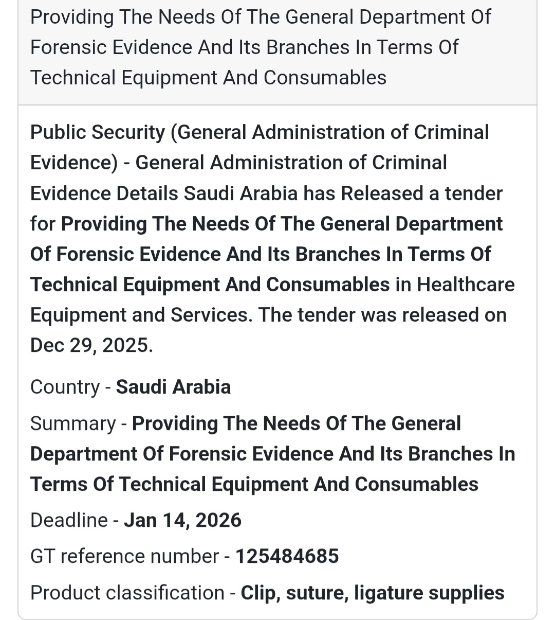 📢 Forensic Equipment & Consumables Tender – Saudi Arabia 🇸🇦