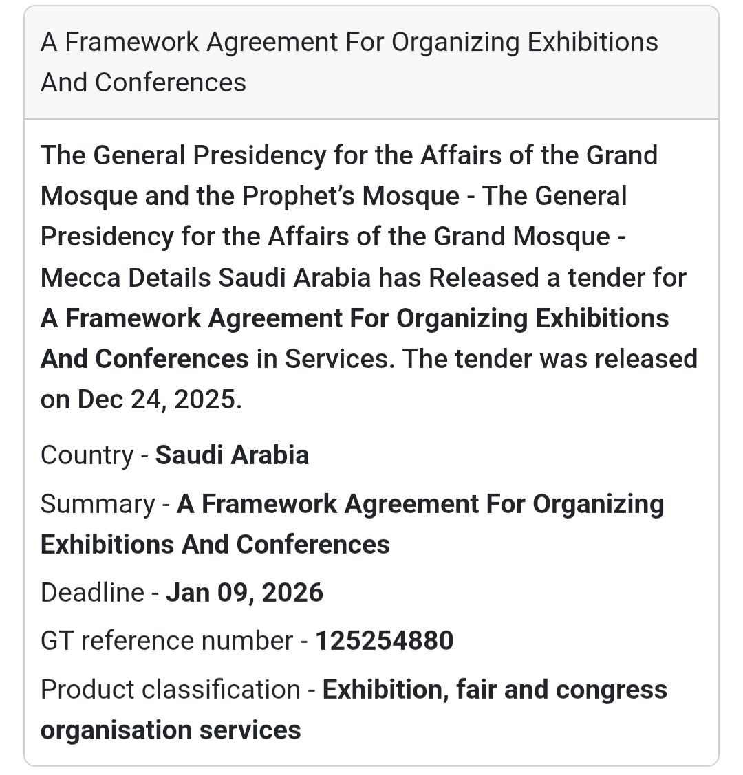 🎪 Framework Agreement for Exhibitions & Conferences – Saudi Arabia 🇸🇦