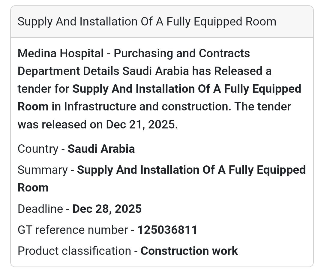 🏗️ Fully Equipped Room Tender – Saudi Arabia