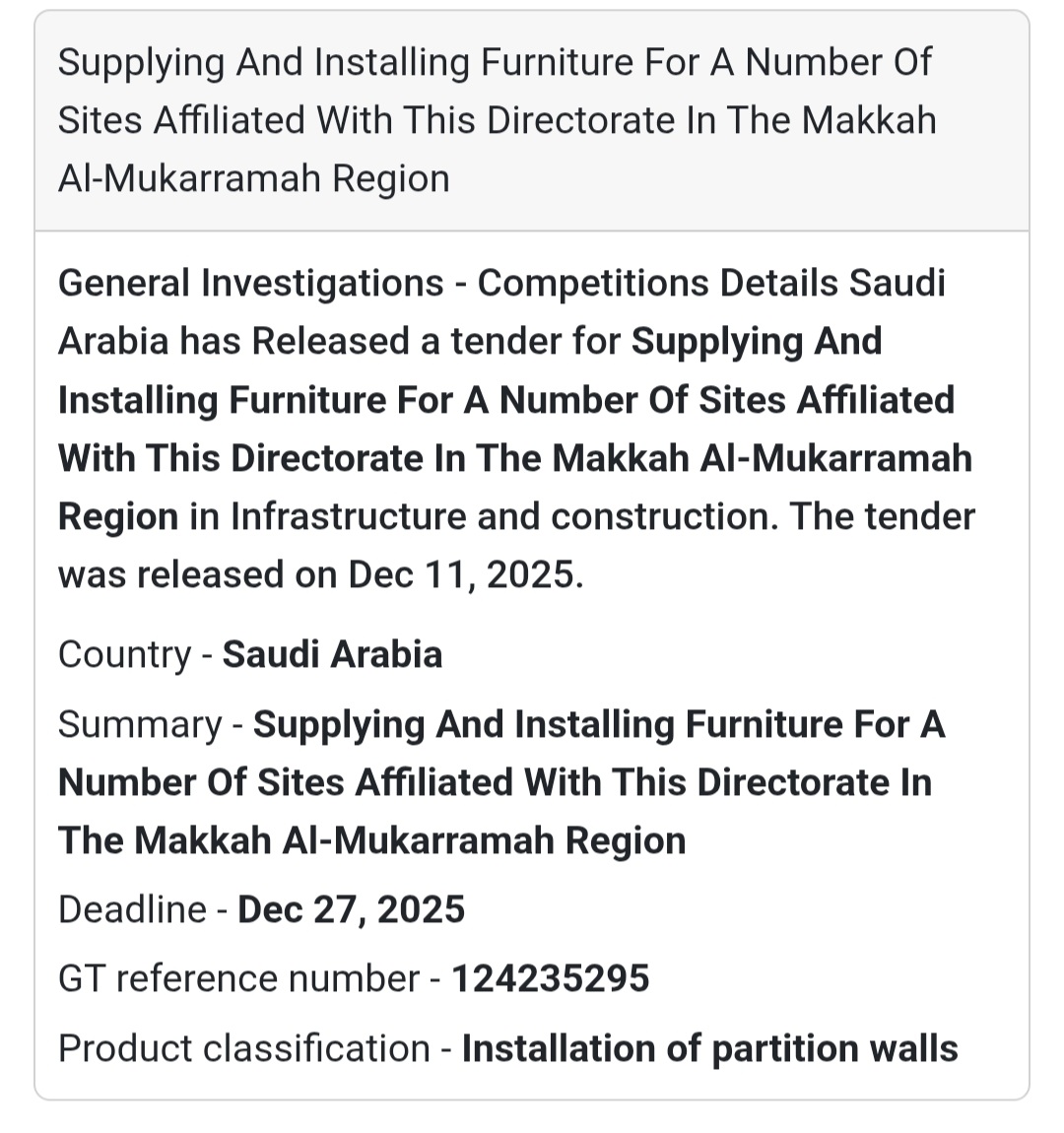 🪑 Furniture Installation Tender – Saudi Arabia 🇸🇦