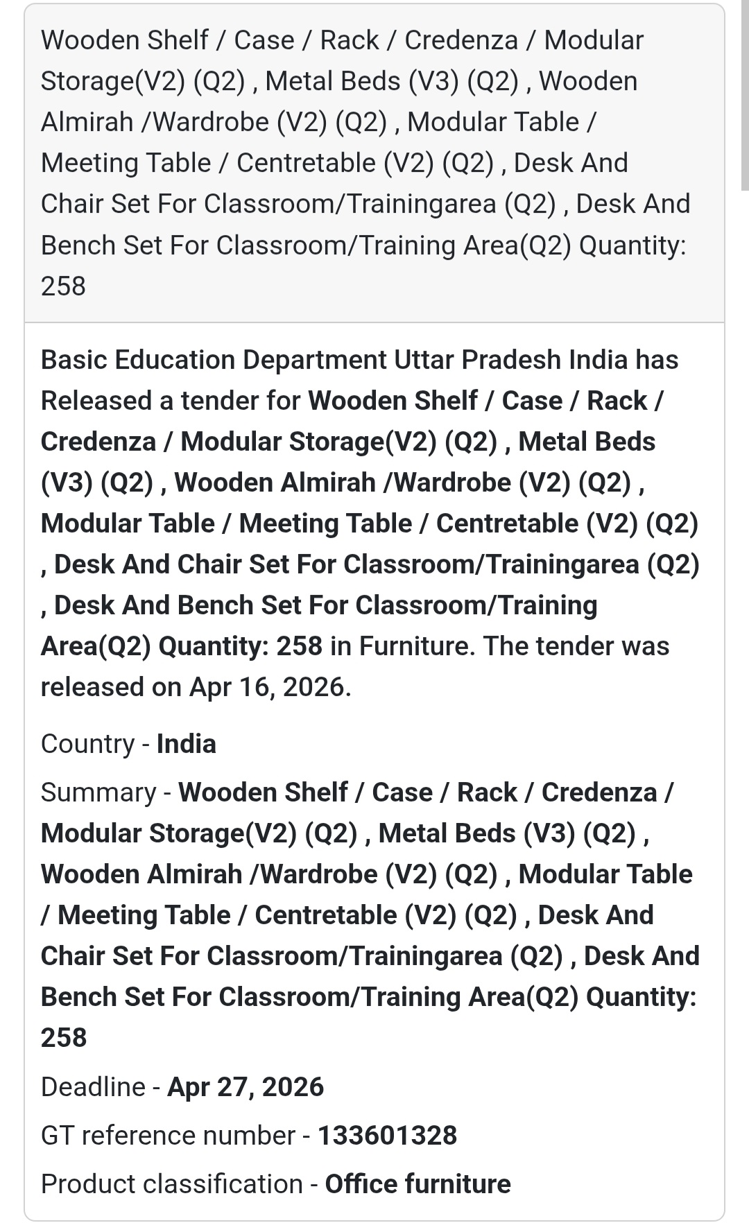 🪑 Furniture Supply Tender (Large Quantity)