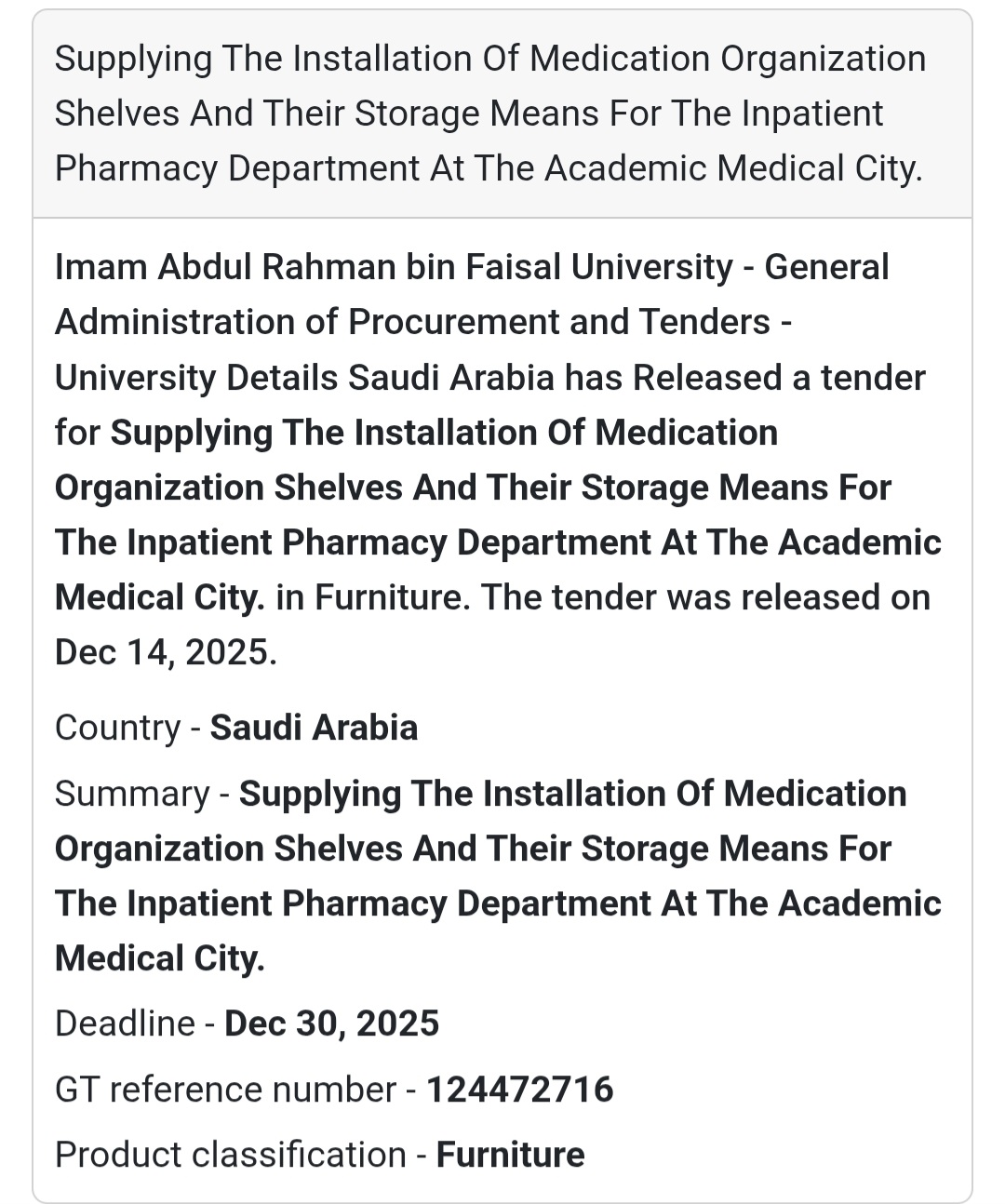 📢 Furniture Tender Alert – Saudi Arabia 🇸🇦