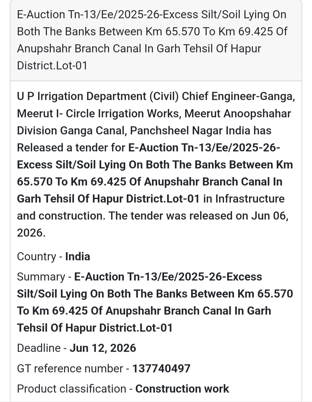 🚜 Garh, Hapur | E-Auction of Excess Silt/Soil from Anupshahar Branch Canal (Lot-01)