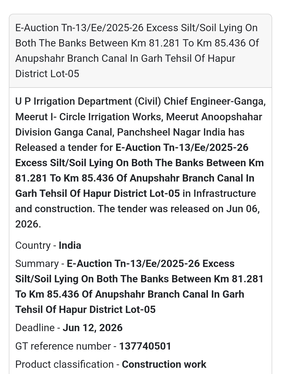 🚜 Garh, Hapur | E-Auction of Excess Silt/Soil from Anupshahar Branch Canal (Lot-05)