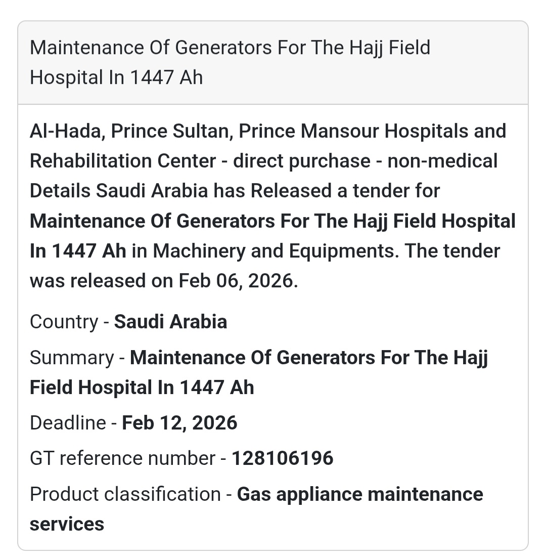 ⚡ Generator Maintenance Tender – Hajj Field Hospital