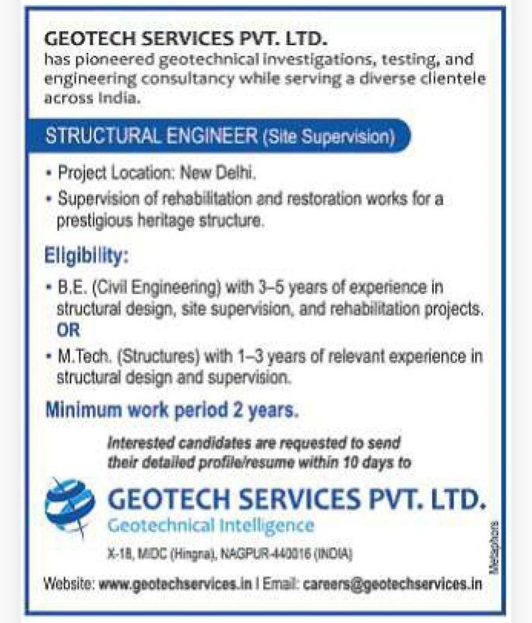 🏗️ Geotech Services Pvt. Ltd. – Structural Engineer Recruitment