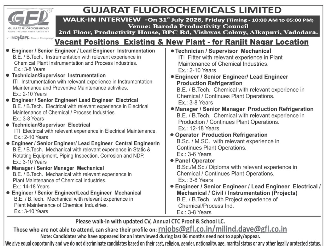 GFD GUJARAT FLUOROCHEMICALS LIMITEDWALK-IN INTERVIEW in ranjit nagar