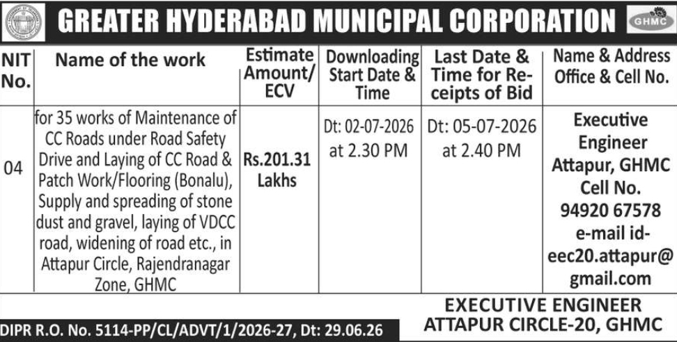 🏗️ GHMC Tender Notice | Attapur Circle