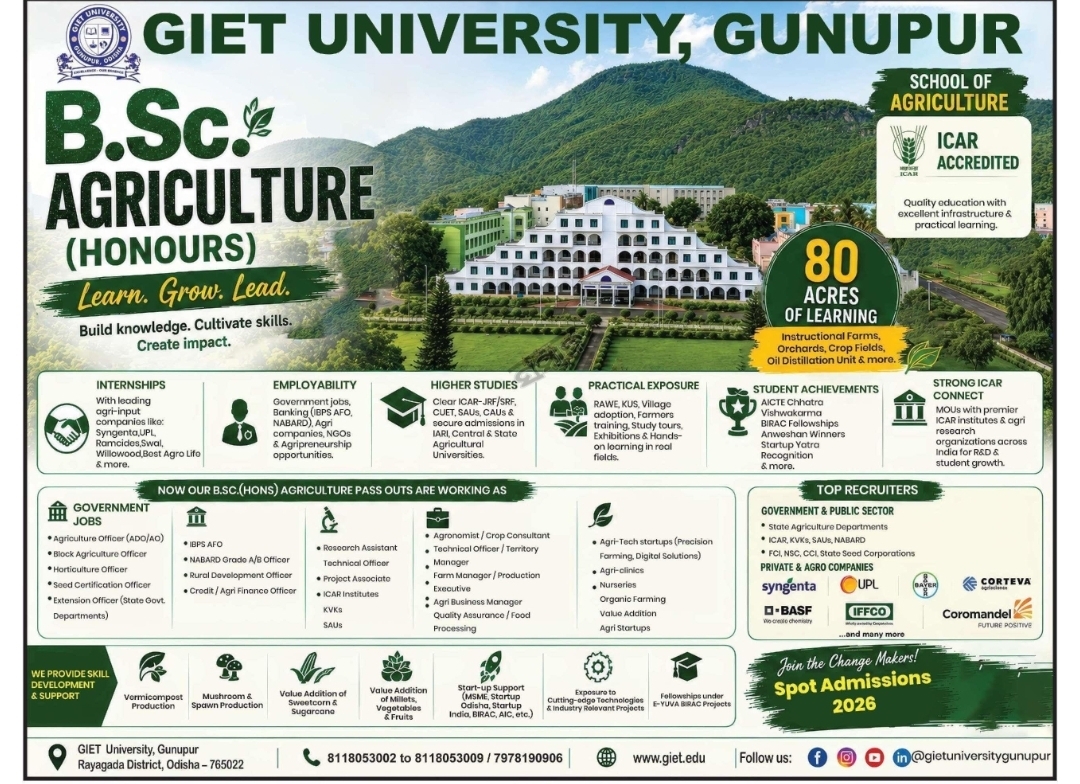 🌾 GIET University, Gunupur | B.Sc. Agriculture (Honours) Admissions 2026