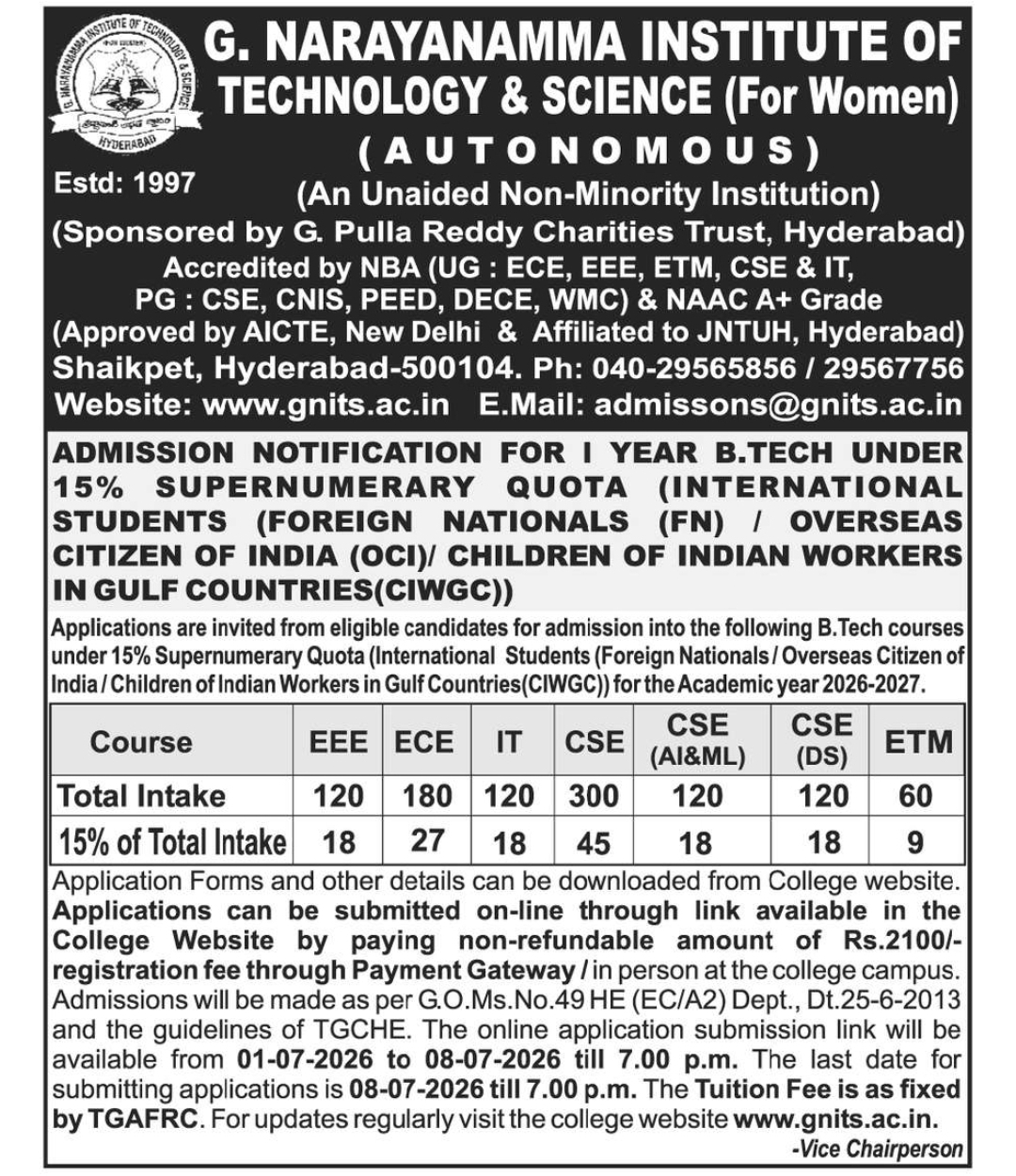 👩‍🎓 GNITS B.Tech Admissions 2026–27 |