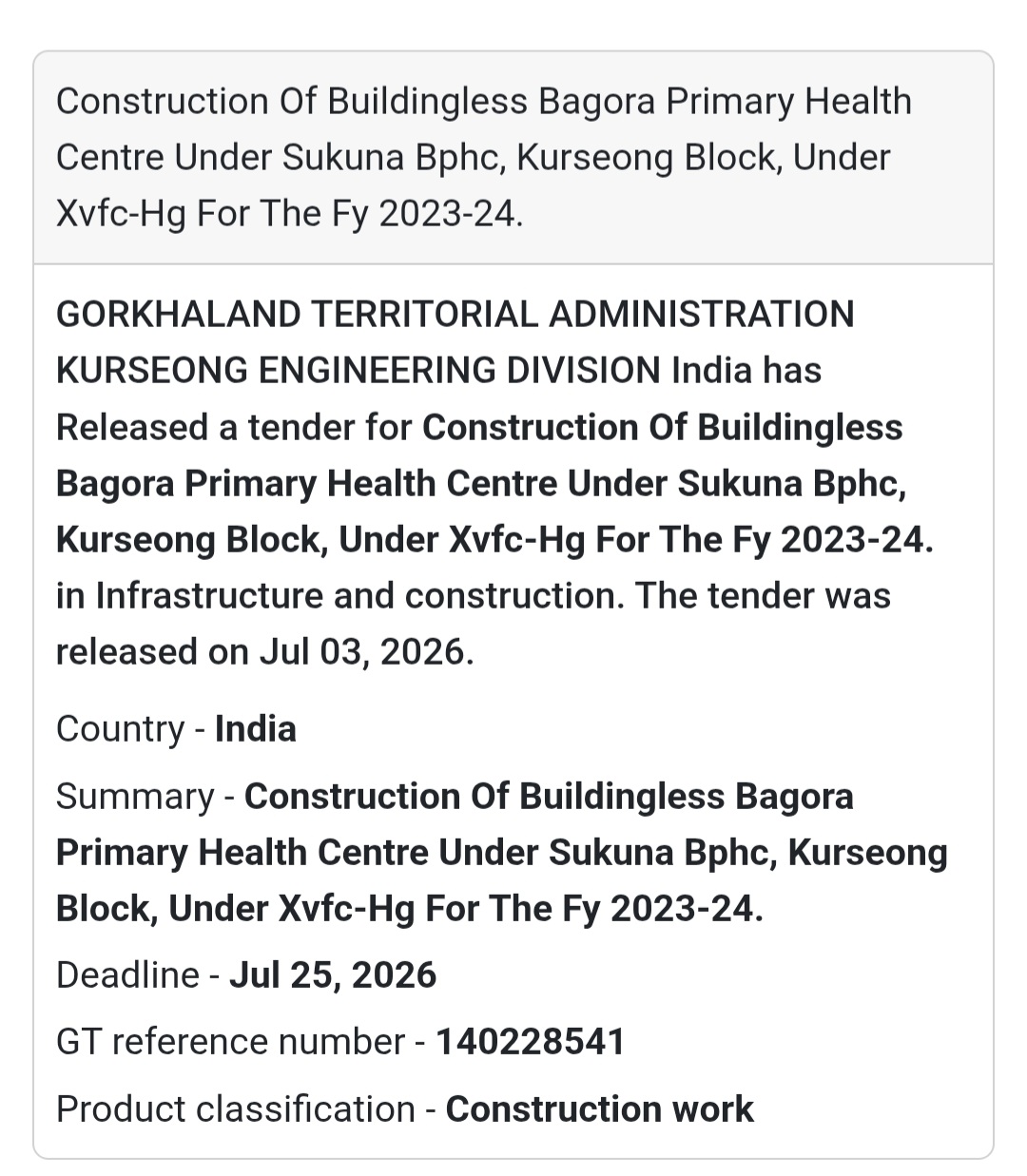 🏥 Gorkhaland Territorial Administration Tender – Kurseong, West Bengal