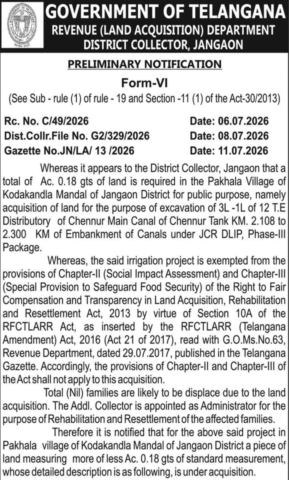 📢 Government of Telangana – Preliminary Land Acquisition Notification