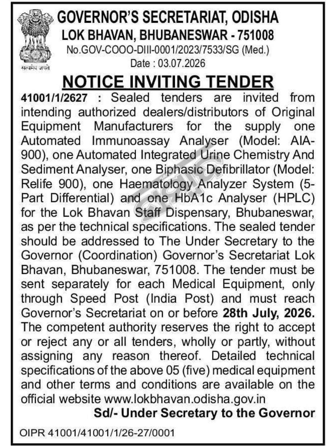 🏥 Governor's Secretariat Tender Notice
