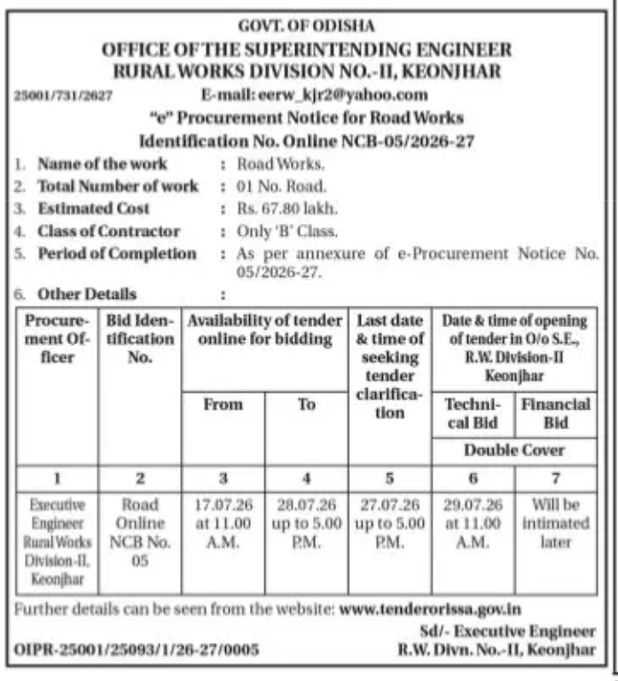GOVT.OF ODISHAoFFICE OFTHE SUPERINTENDING ENGINEERRURALWORKS DIVISION NO.-11, KEONJHAR