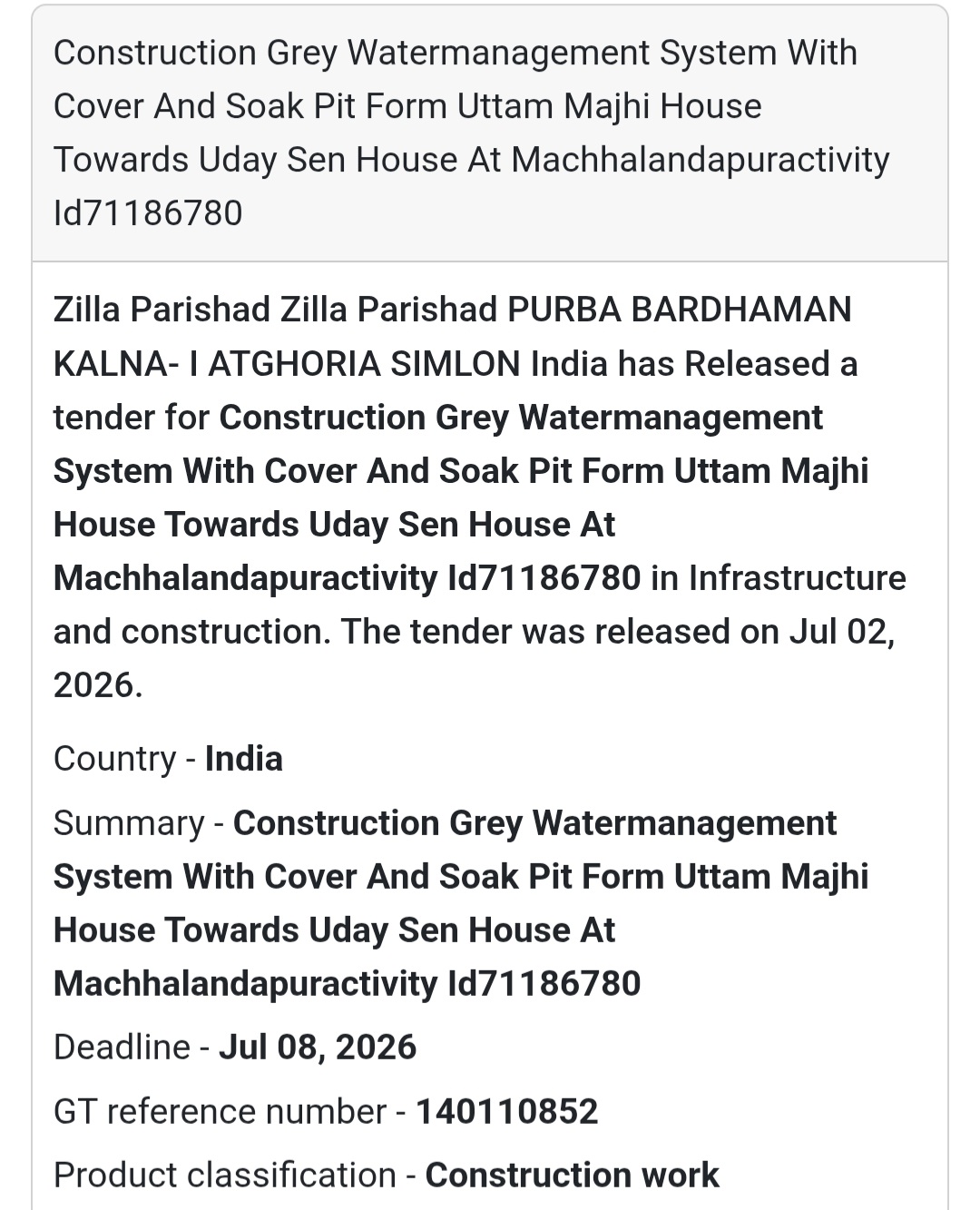 💧 Grey Water Management System Construction Tender | 📍Purba