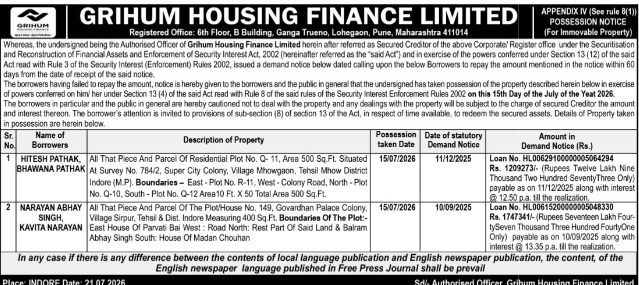 📢 Grihum Housing Finance Issues Property Possession Notice