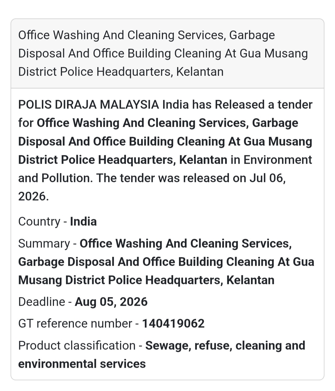 🧹 Gua Musang Police Headquarters Tender | Malaysia