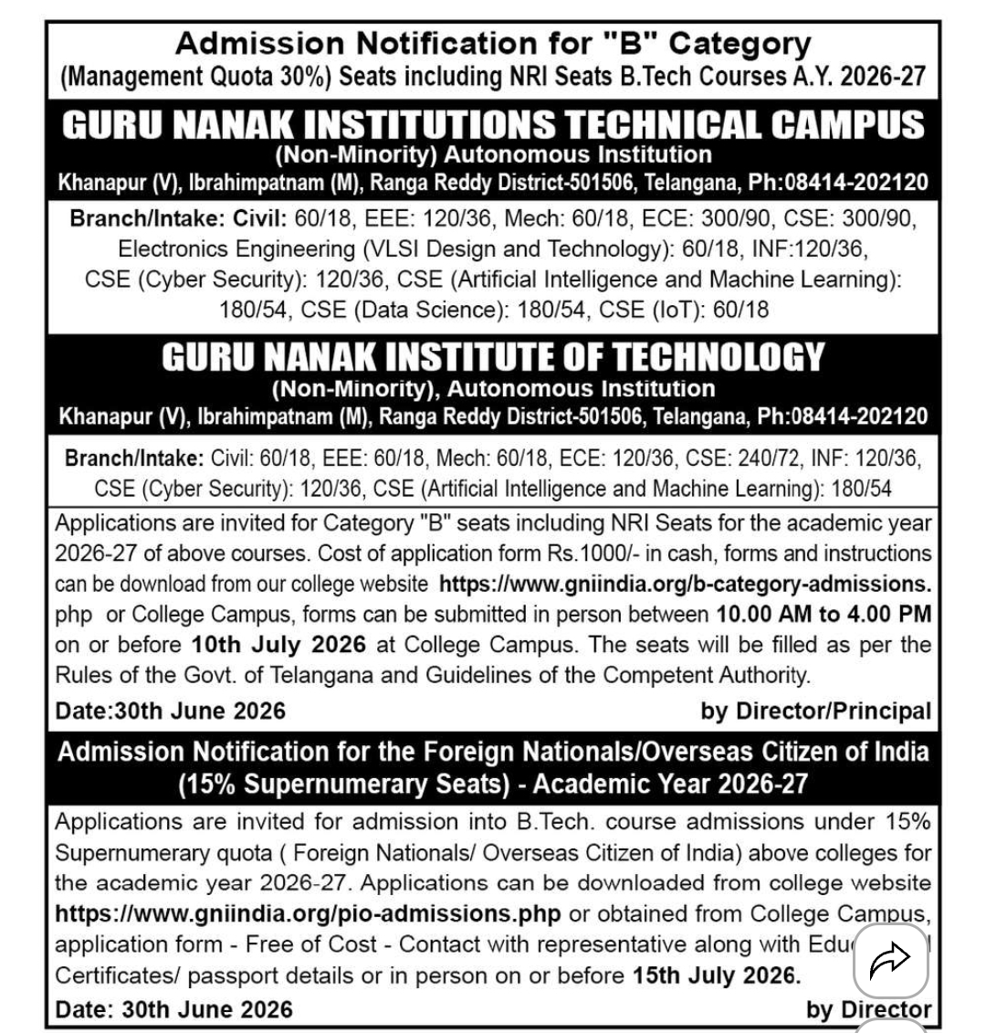 🎓 GURU NANAK INSTITUTIONS – B.TECH ADMISSIONS 2026–27
