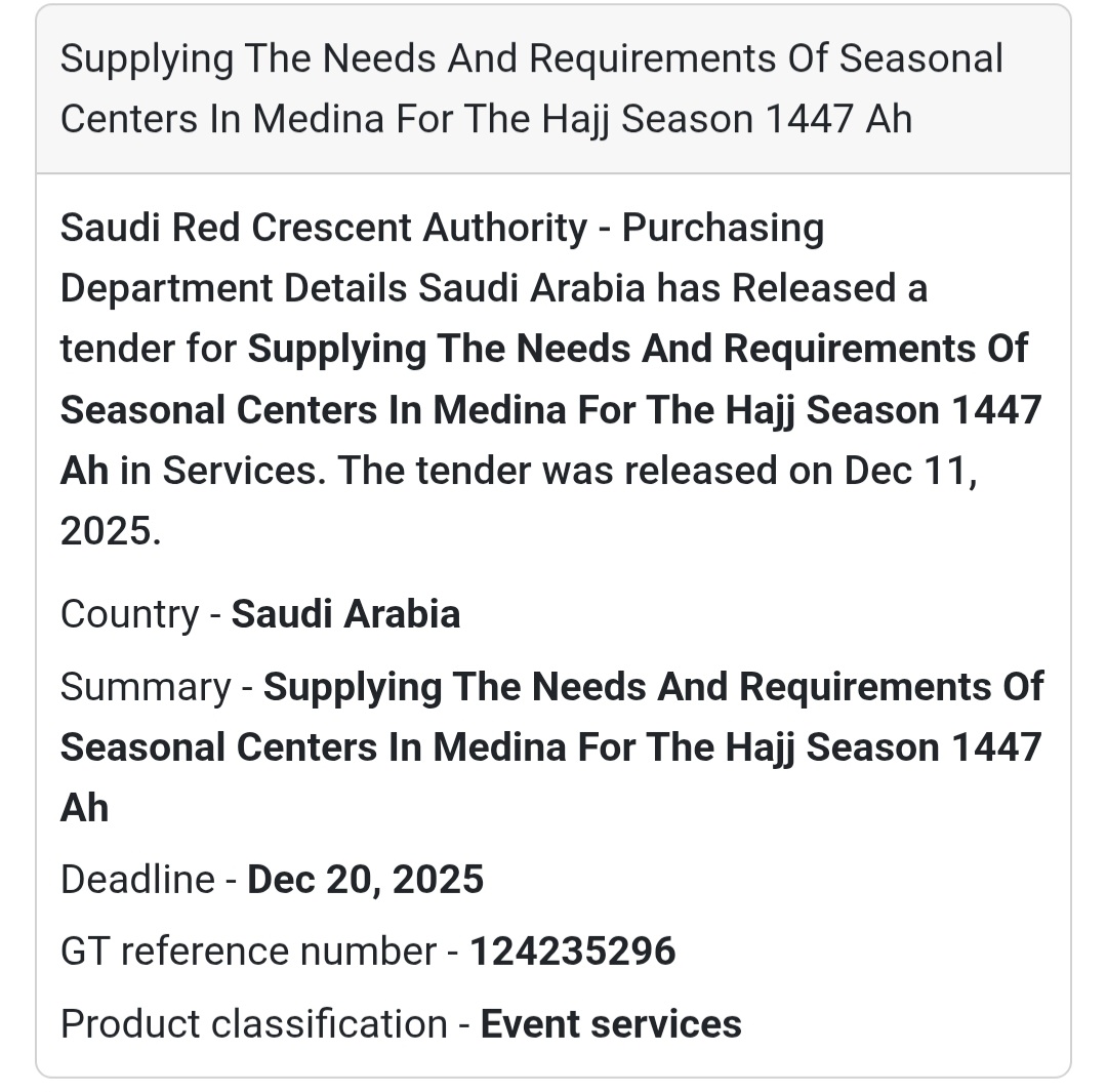 🕋 Hajj Season Services Tender – Saudi Arabia 🇸🇦