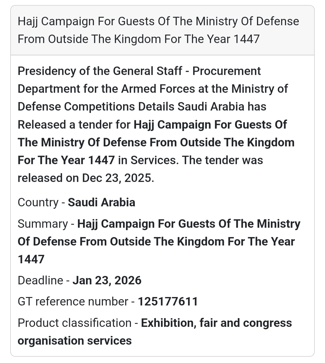 🕋 Hajj Services Tender – Saudi Arabia 🇸🇦