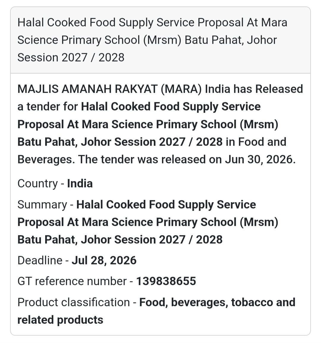 🍽️ Halal Cooked Food Supply Service Tender – MRSM Batu Pahat, Johor, Malaysia