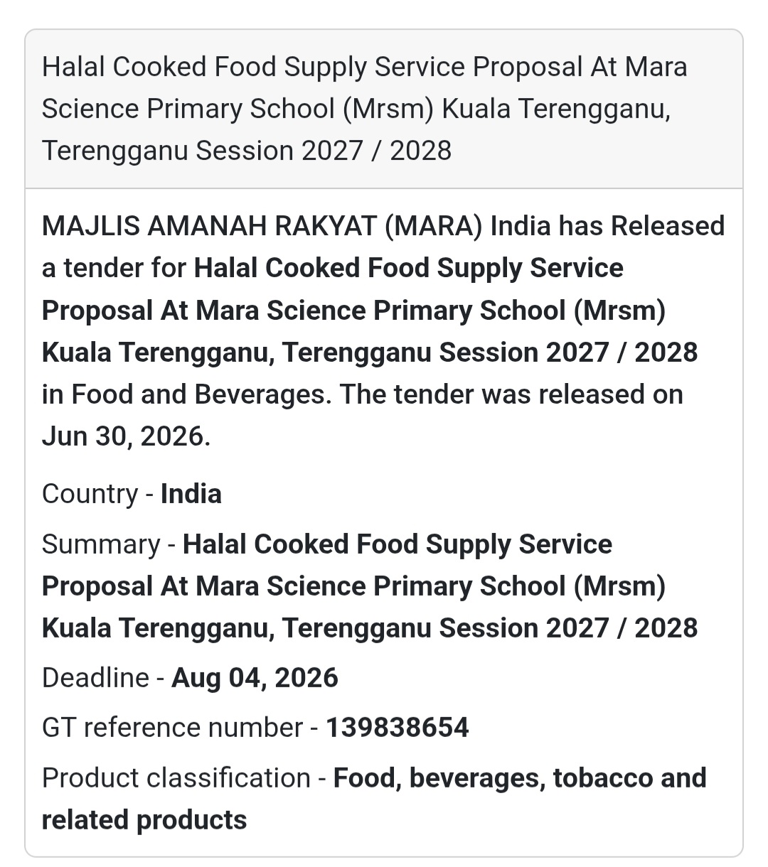 🍽️ Halal Cooked Food Supply Service Tender – MRSM Kuala Terengganu, Terengganu, Malaysia