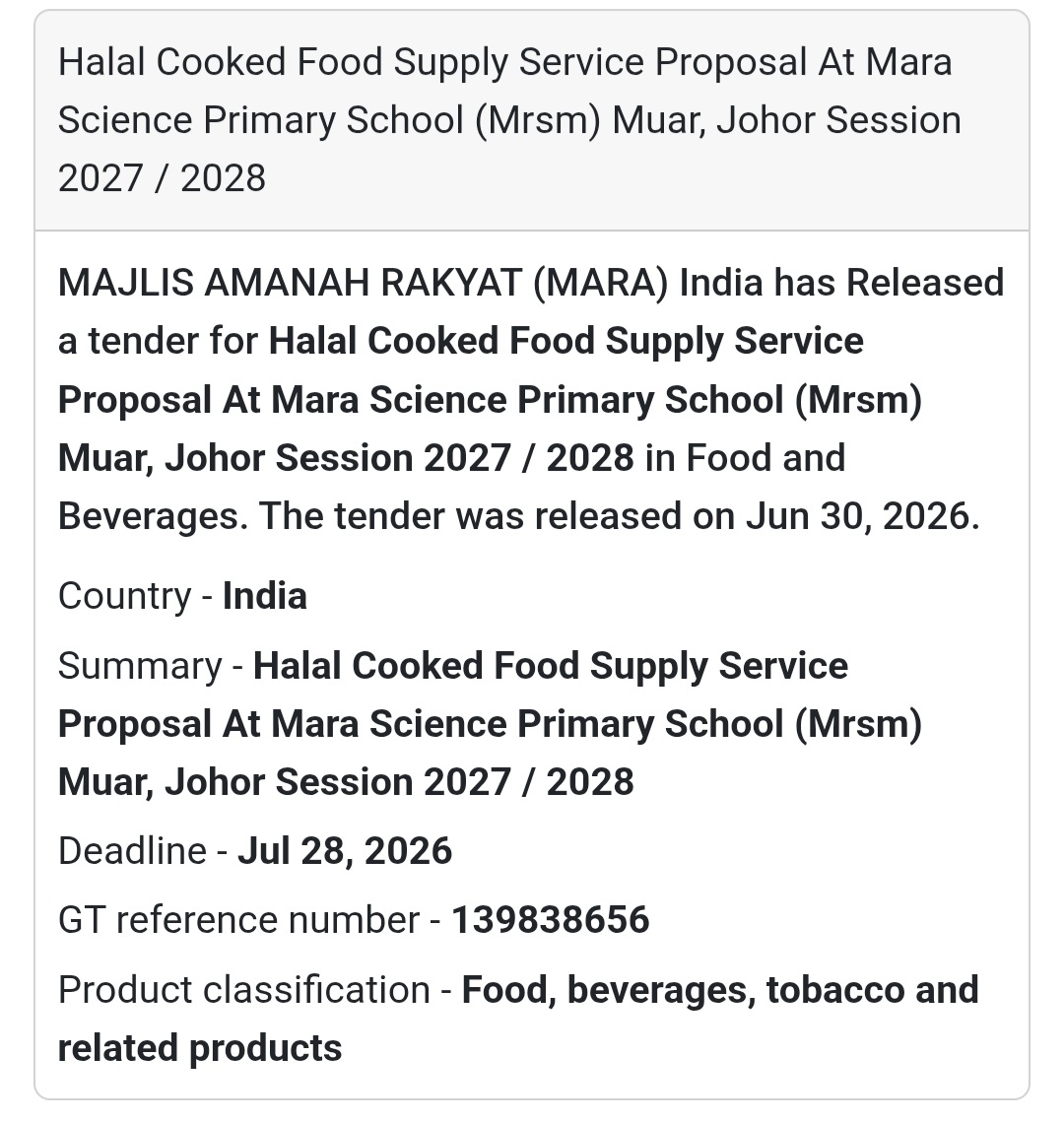 🍽️ Halal Cooked Food Supply Service Tender – MRSM Muar, Johor, Malaysia