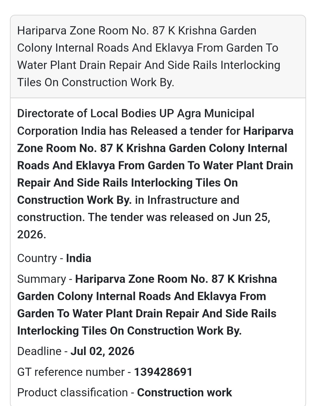 🚧 Hariparva Zone Room No. 87 – K Krishna Garden Colony Internal Roads & Drain Repair Works | Agra