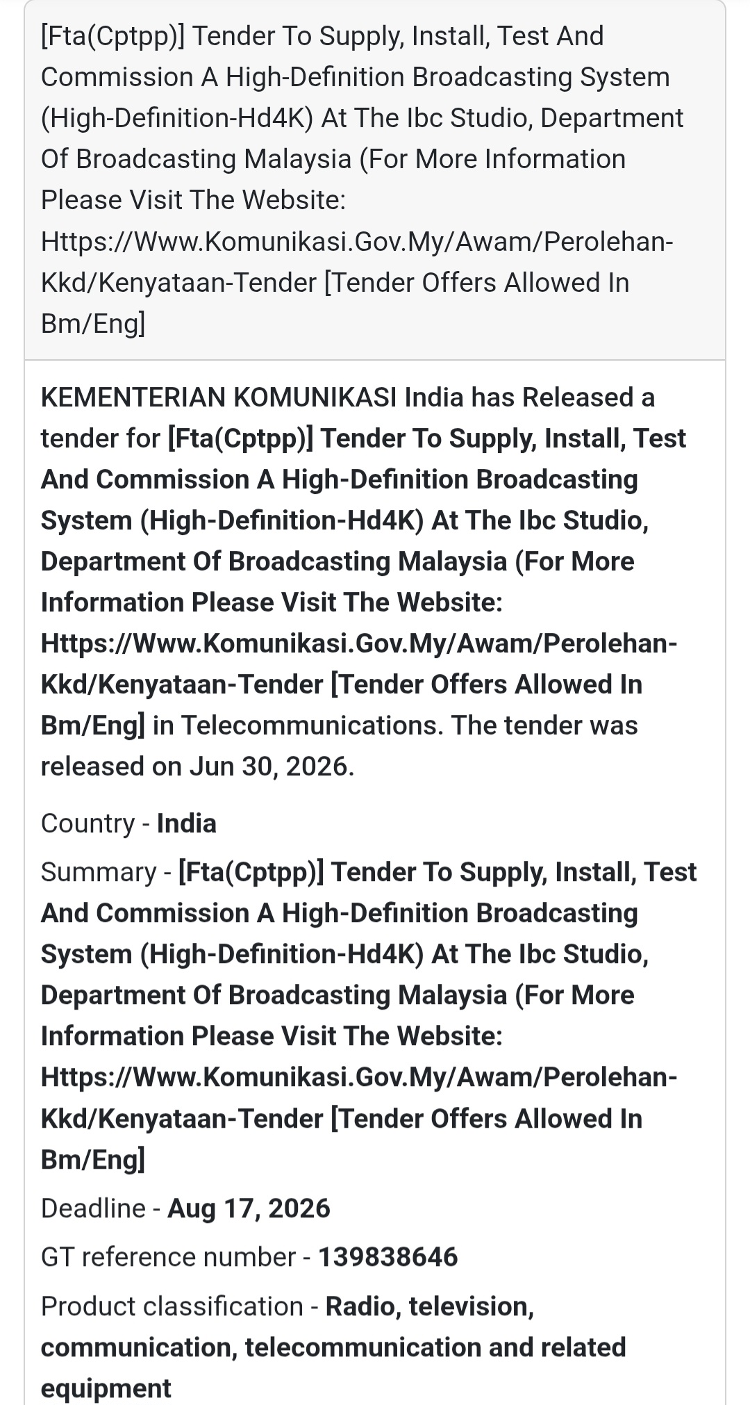 📺 HD 4K Broadcasting System Tender – Kuala Lumpur, Malaysia