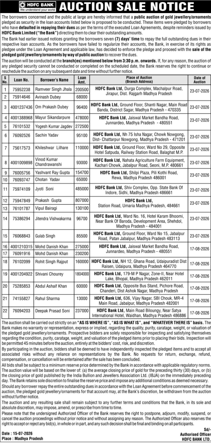 🏦 HDFC Bank – Auction Sale Notice