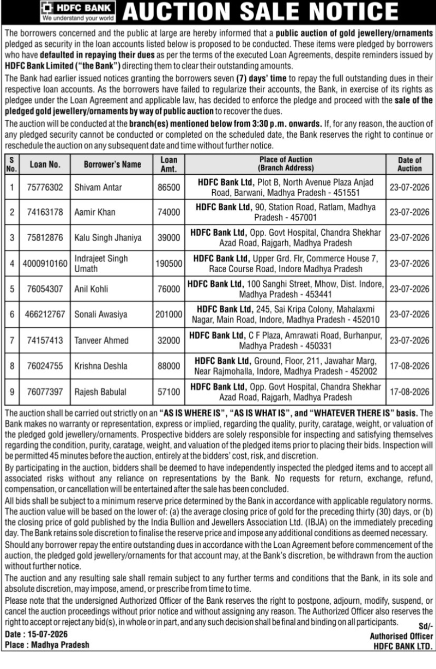 🏦 HDFC Bank – Auction Sale Notice