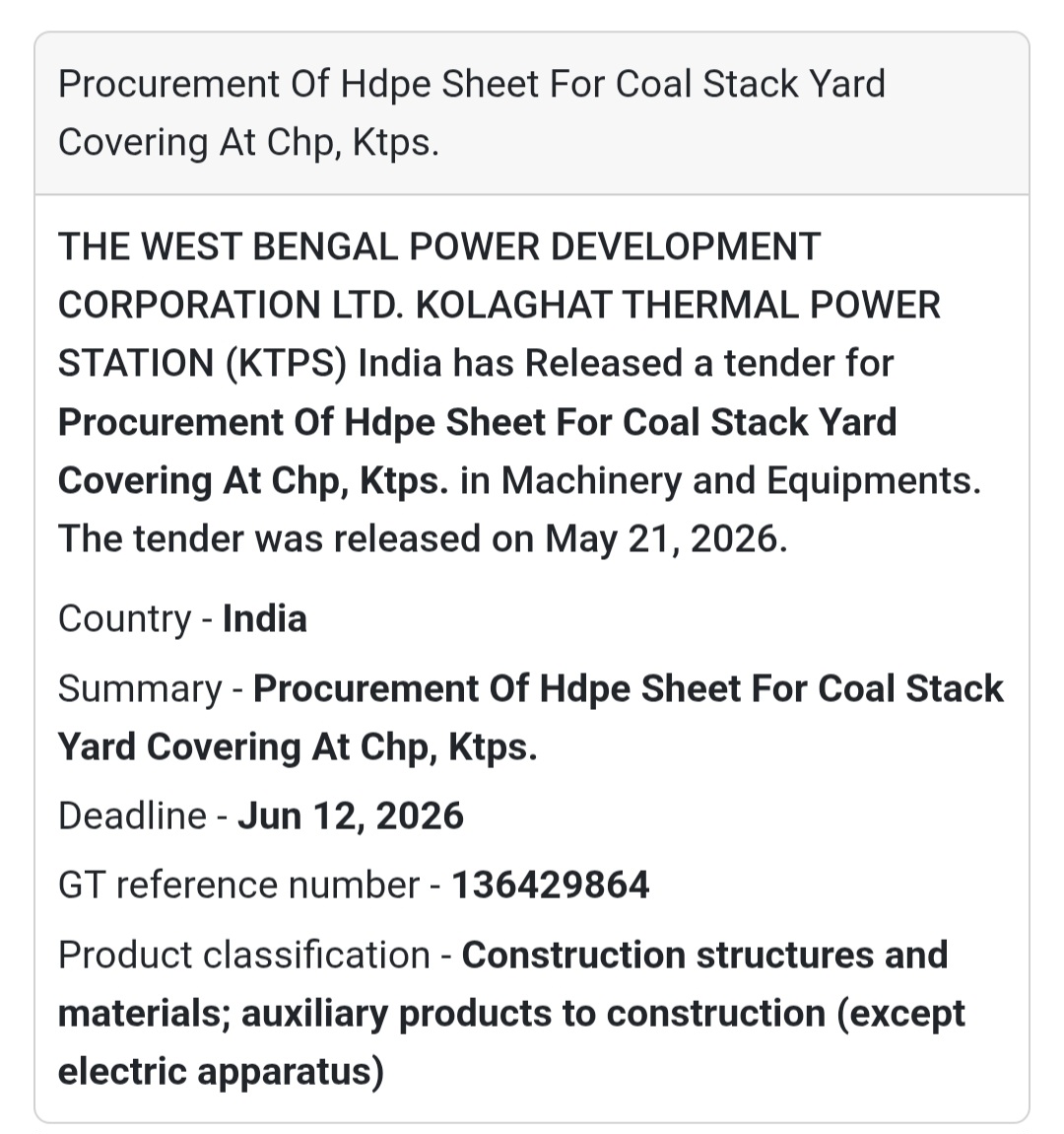 🏭 HDPE Sheet Procurement Tender