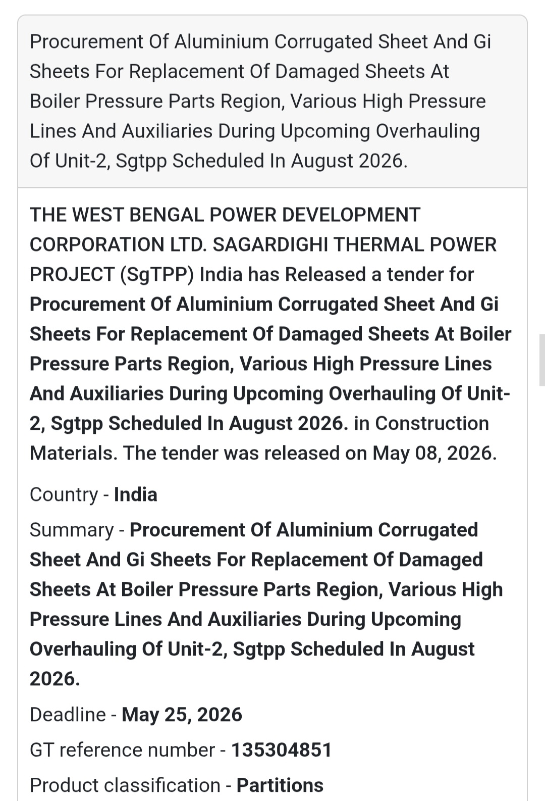 🏗️ Heading: Aluminium Corrugated And GI Sheets Procurement Tender