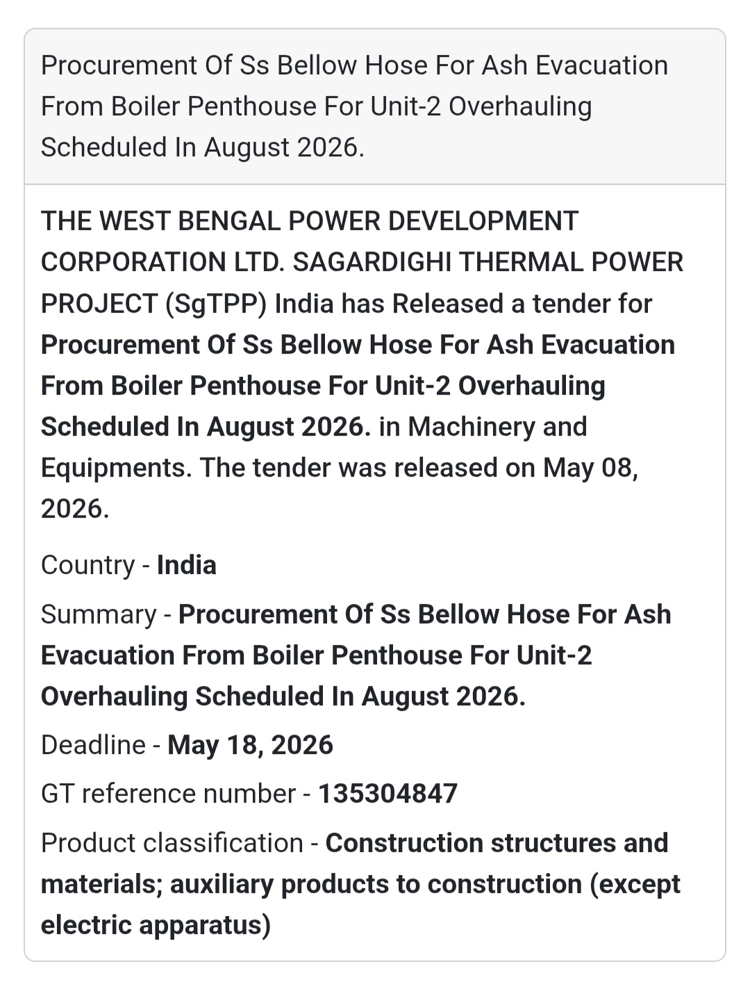 🏭 Heading: Ash Evacuation Hose Procurement For Unit-2 Overhauling