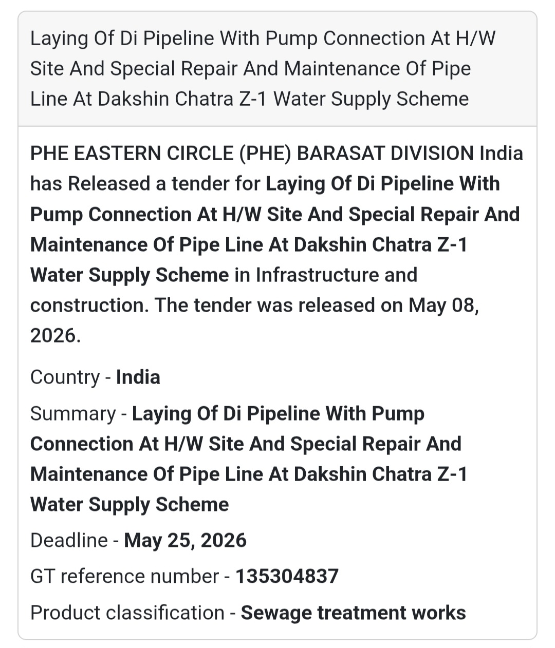 💧 Heading: DI Pipeline Laying And Water Supply Maintenance Tender