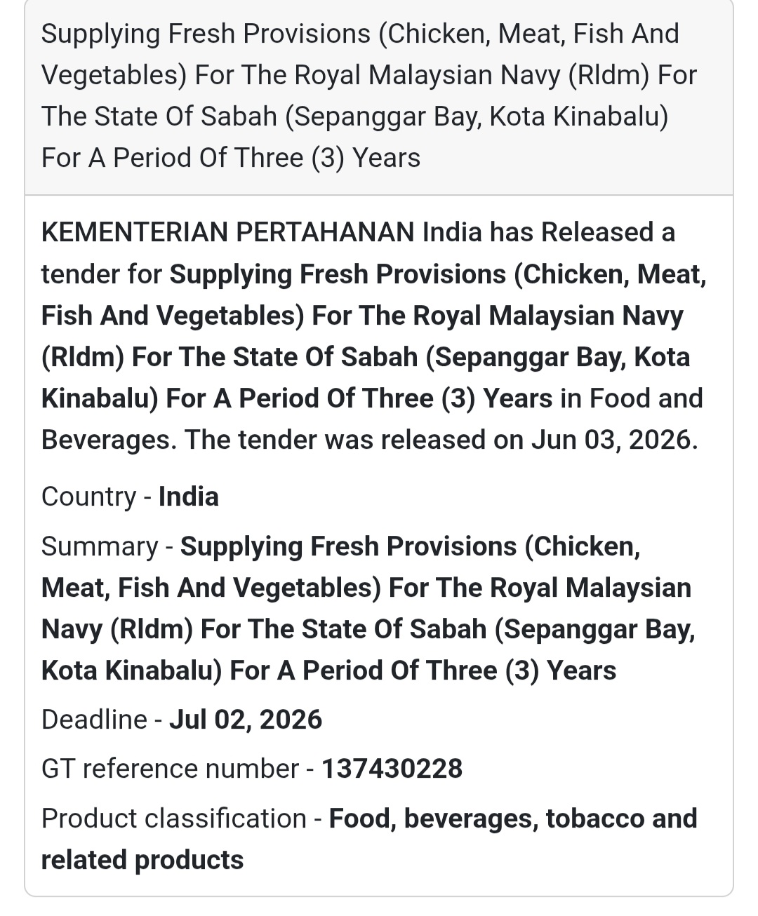🍗 Heading: Fresh Provisions Supply Contract for Royal Malaysian Navy