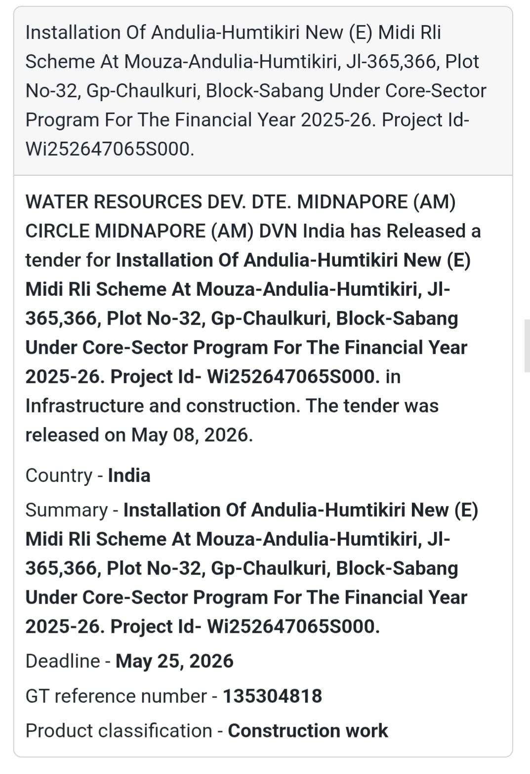 💧 Heading: Installation Of Andulia-Humtikiri New (E) Midi RLI Scheme Tender
