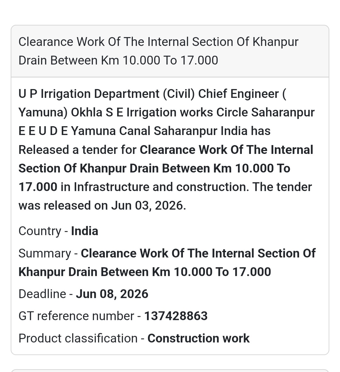 🌊 Heading: Khanpur Drain Clearance Work (Km 10.000 to 17.000)