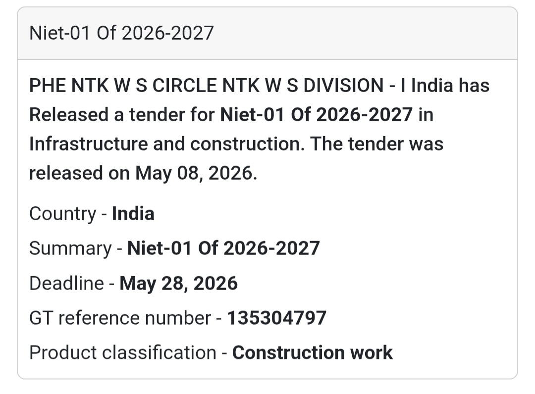 🚰 Heading: NIET-01 Of 2026-2027 Tender By PHE NTK W/S Division-I