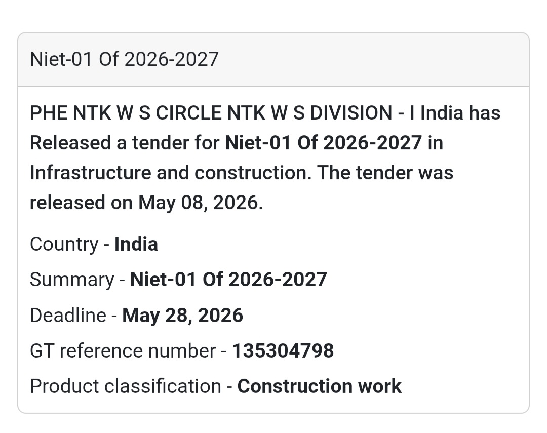 🚰 Heading: NIET-01 Of 2026-2027 Tender By PHE NTK W/S Division-I