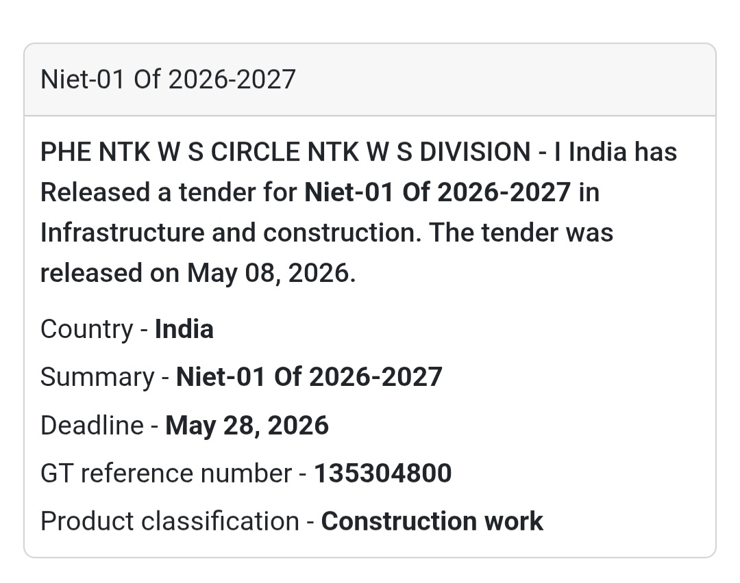🚰 Heading: PHE NTK W/S Division-I Invites Bids Under NIET-01 Of 2026-2027